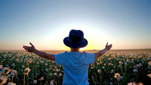 Girl opens her arms to the sun in the sea of flowers