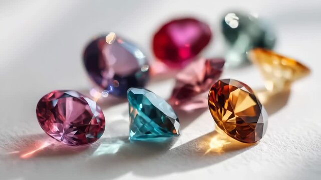 Scattered sparkling gemstones showing different colors and facets catching sunlight