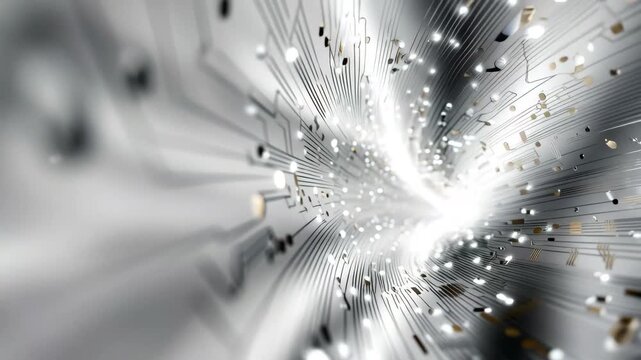 Digital data travelling through a white and silver circuit board tunnel, representing network speed