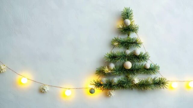 Creative holiday concept with fir branches, ornaments, and string lights forming a tree on a light background, copy space