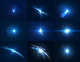 Collection of blue abstract lens flares and light bursts against a dark background