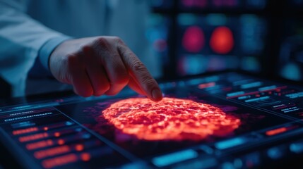 A hand interacts with a digital display showing a glowing, detailed representation of a brain's neural activity.