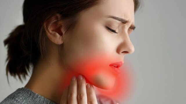 Woman touching her inflamed neck showing pain and discomfort
