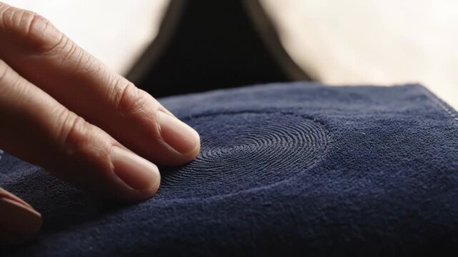 Close-up of hands gently touching textured blue fabric surface showing detailed fabric pattern