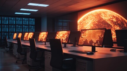 A modern office space with multiple screens displaying maps and data, illuminated by a warm, glowing backdrop resembling the sun.