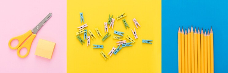 Colorful stationery and writing utensils arrangement