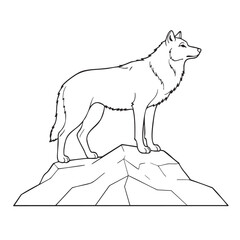 Standing Wolf Line Art Illustration On Rocky Cliff