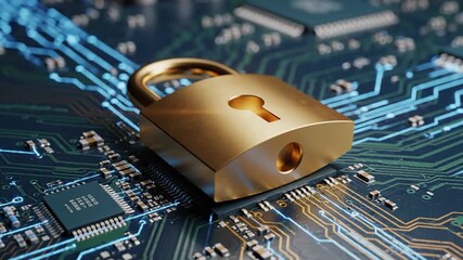 Golden padlock atop a detailed circuit board, glowing, emphasizing data security and digital protection - Powered by Adobe