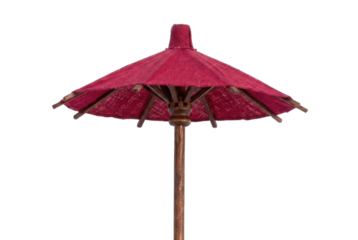 Red beach umbrella with wooden pole on white background  