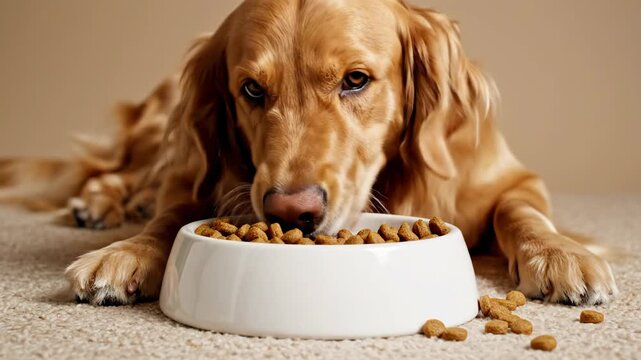 Golden retriever eating from a white bowl on a carpet. A close-up view of the dog and food