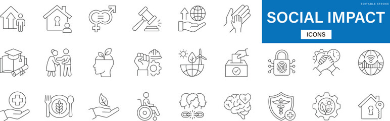 Social impact line icon set featuring community charity volunteer, non-profit donation support, diversity inclusion unity, and corporate social responsibility vector symbols