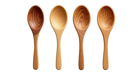 Wooden spoon set with varying wood grains and colors on a white background