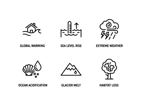Global Warming Sea Level Rise Extreme Weather Ocean Acidification Glacier Melt Heatwaves Minimal Icon Set