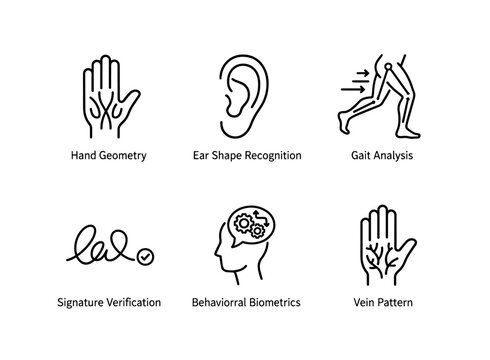 Hand Geometry Vein Pattern Ear Shape Recognition Gait Analysis Signature Verification Minimal Icon Set