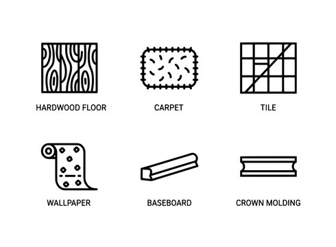 Hardwood Floor Carpet Tile Wallpaper Baseboard Crown Molding Minimal Bold Line Icon Set