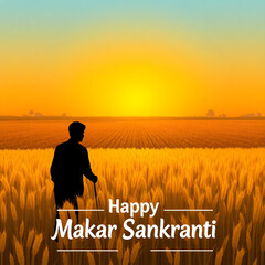 Farmer Silhouette in Sunset Field Banner (Happy Sankranti)
Silhouette of farmer with bundle of grain in golden sunset field wishing &ldquo;Happy Sankranti&rdquo; illustration.
