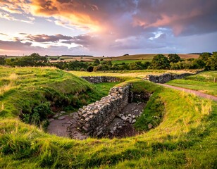Ancient stone ruins nestled in a verdant field at sunset