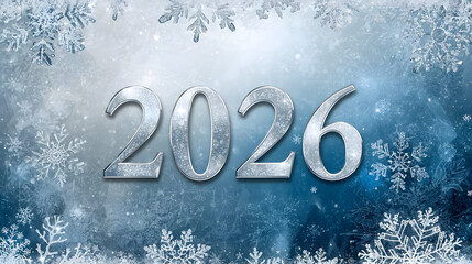 Icy &ldquo;2026&rdquo; New Year Banner
Silver icy &ldquo;2026&rdquo; text with snowflake details on cool blue-white gradient, evoking winter celebration illustration.
