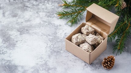 Gift paper box with natural holiday treats paper and pine branches, placed on a wooden surface, showcasing a festive pets holiday theme with copy space