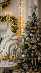 Obraz premium Cozy living room with Christmas tree and festive decorations 