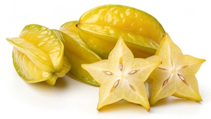Fototapeta premium Starfruit whole and sliced with visible seeds on white background