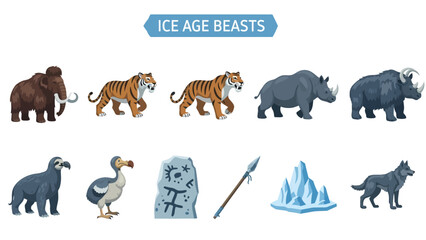 Cartoon illustrations of Ice Age beasts and artifacts on a white background © Faisal