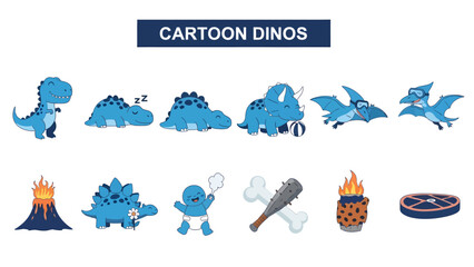 Cartoon illustration of blue dinosaurs and prehistoric items against a white background © Faisal
