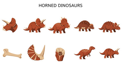 Chart illustrating various horned dinosaur illustrations and fossil representations © Faisal