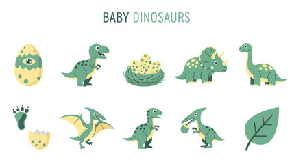 Collection of cute green baby dinosaur illustrations and related elements on white © Faisal