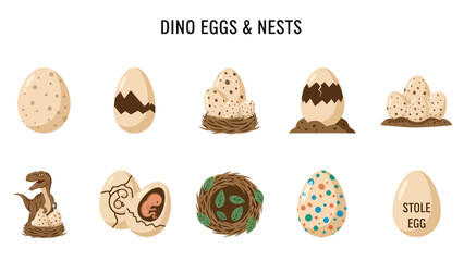 Illustration of ten different dinosaur eggs and nests arranged in two rows © Faisal