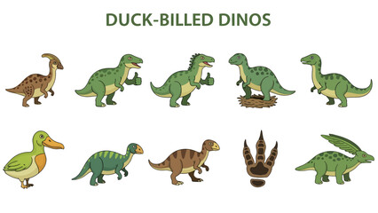 Obraz premium Illustration of ten duckbilled dinosaurs and a duck labeled by scientific name