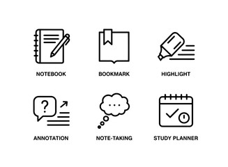 Notebook Bookmark Highlight Annotation Note Taking Study Planner Minimal Bold Icon Set