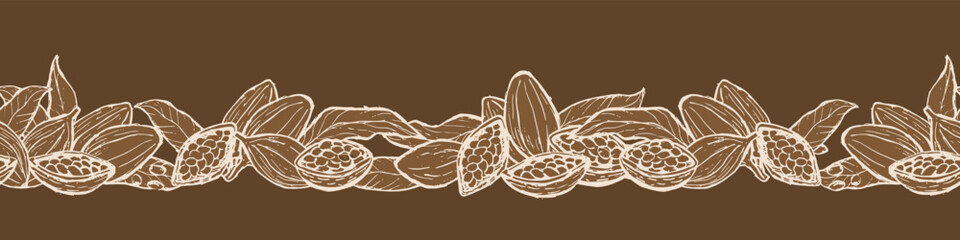 Cocoa beans fruits border template. Seamless floral border for food packaging, wrapping. Chocolate design, vector illustration with cocoa plant parts in vintage ink drawing style.