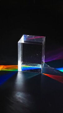 A clear, rectangular prism refracts light, creating a spectrum of colors on a dark, reflective surface