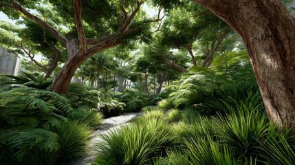 Fototapeta premium Oxygen and Production concept ,Lush green forest path with dense foliage and towering trees, creating serene and tranquil atmosphere