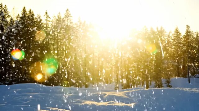 Sun shining brightly through snowy forest with falling snowflakes and glowing light in peaceful winter scene