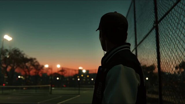 男性が夕暮れのフェンス越しに、静かに空を眺めている後ろ姿