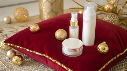 Anti Aging Christmas Skincare Skincare products displayed on a red velvet pillow with festive gold holiday decorations.