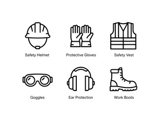 Fototapeta premium Safety Helmet Protective Gloves Safety Vest Goggles Ear Protection Work Boots Minimal Bold Line Icon Set