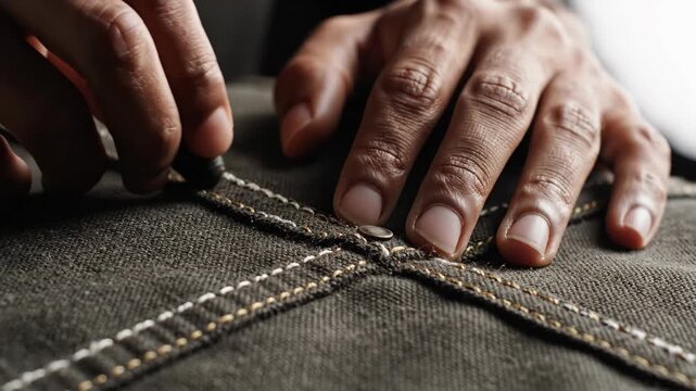 Close-up of hands meticulously sewing on durable fabric with precision and care