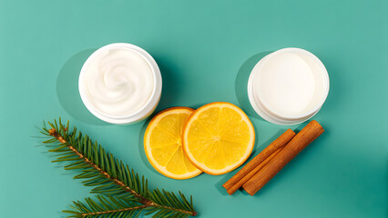 Anti Aging Christmas Skincare Two jars of cream, orange slices, cinnamon sticks, and pine branch on a teal background.
