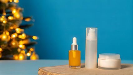Anti Aging Christmas Skincare Three cosmetic containers on a table with festive lights and a blue background.
