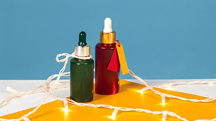 Anti Aging Christmas Skincare Two dropper bottles with tags and string lights on a yellow surface against a blue background.