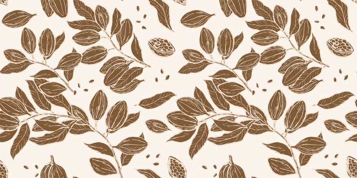 Hand drawn chocolate fruit seamless pattern. Cocoa fruits and leaves, seeds in sketch style. Outline vector illustration. Cocoa chocolate fruits background.