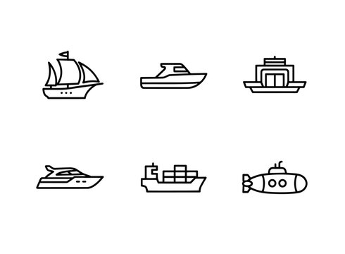 Ship Boat Ferry Yacht Cargo Ship Submarine Minimal Bold Line Icon Set