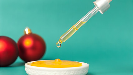Anti Aging Christmas Skincare A dropper releases serum onto a yellow surface with red ornaments on a teal background.