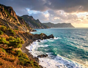 Coastal landscape captures sunlight on dramatic cliffs and ocean waves