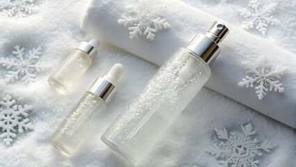 Anti Aging Christmas Skincare Skincare bottles and a towel with snowflakes on a snowy, winter-themed background.