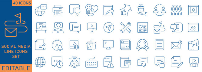 Social Media icon set. Containing social network, networking, connection, friends, comment, profile, like, and more. Outline Icon Collection. Vector illustration.