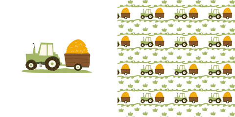Seamless car tractor print with pattern set. Cartoon farm pattern of tractor and a cart of hay. Kids print design for cards. clothes and wallpapers. © ZhumaStudio
